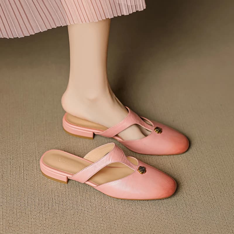 Nuove Ciabatte da Donna in Vera Pelle di Vacchetta, Punta Rotonda, Slip-on Estive, Scarpe Basse alla Moda