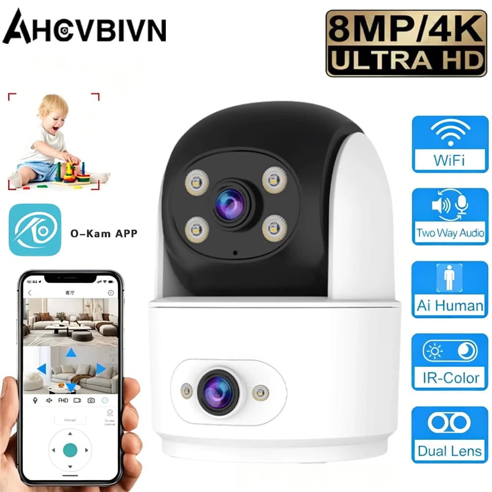 Telecamera WiFi 8MP con Doppio Schermo, Audio Bidirezionale, Monitor per Bambini, Telecamere IP PTZ per Interni, Videosorveglianza Domestica O-KAM Pro