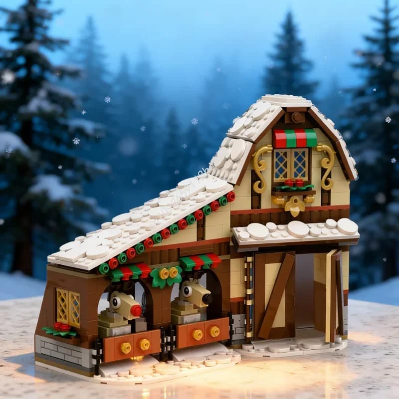 593pcs MOC Christmas Reindeer Stable Winter Seasonal Model Building Blocks Architecture Gift Assemble Education Toys Brick Kids