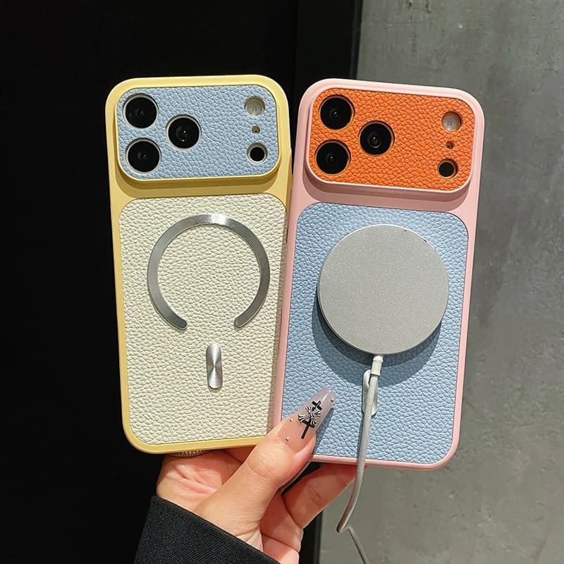 Contrasting lychee pattern Magnetic Leather Phone Case For iPhone 11 12 13 14 15 16 17 Pro Max For Magsafe Luxury Protector Case