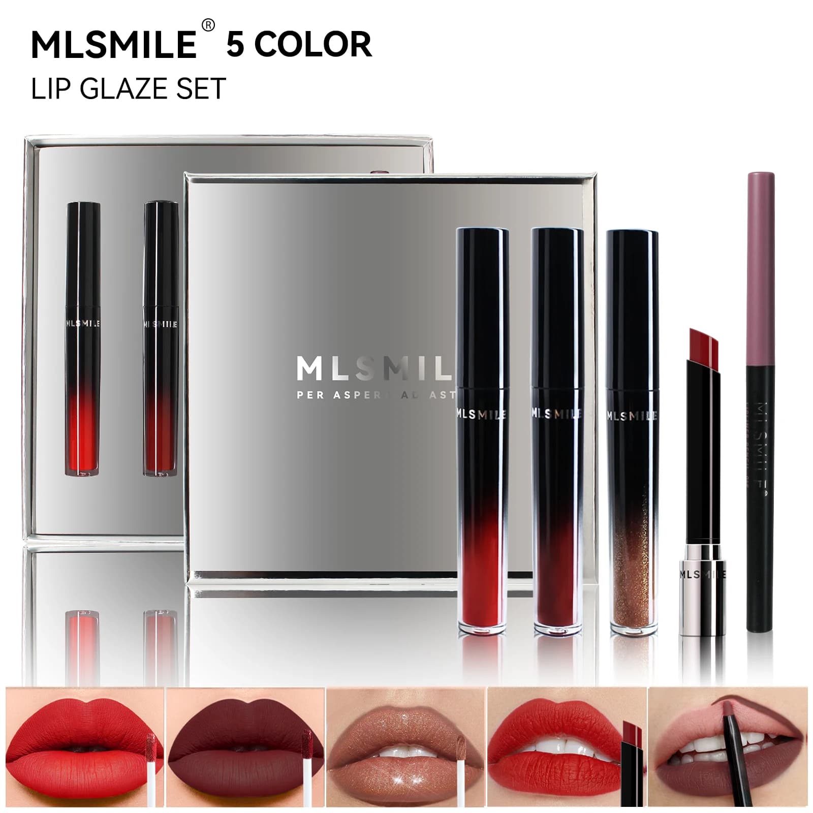 Set regalo Silver Premium Lip Glaze, lucidalabbra antiaderente, rossetto, matita per labbra, 5 pezzi