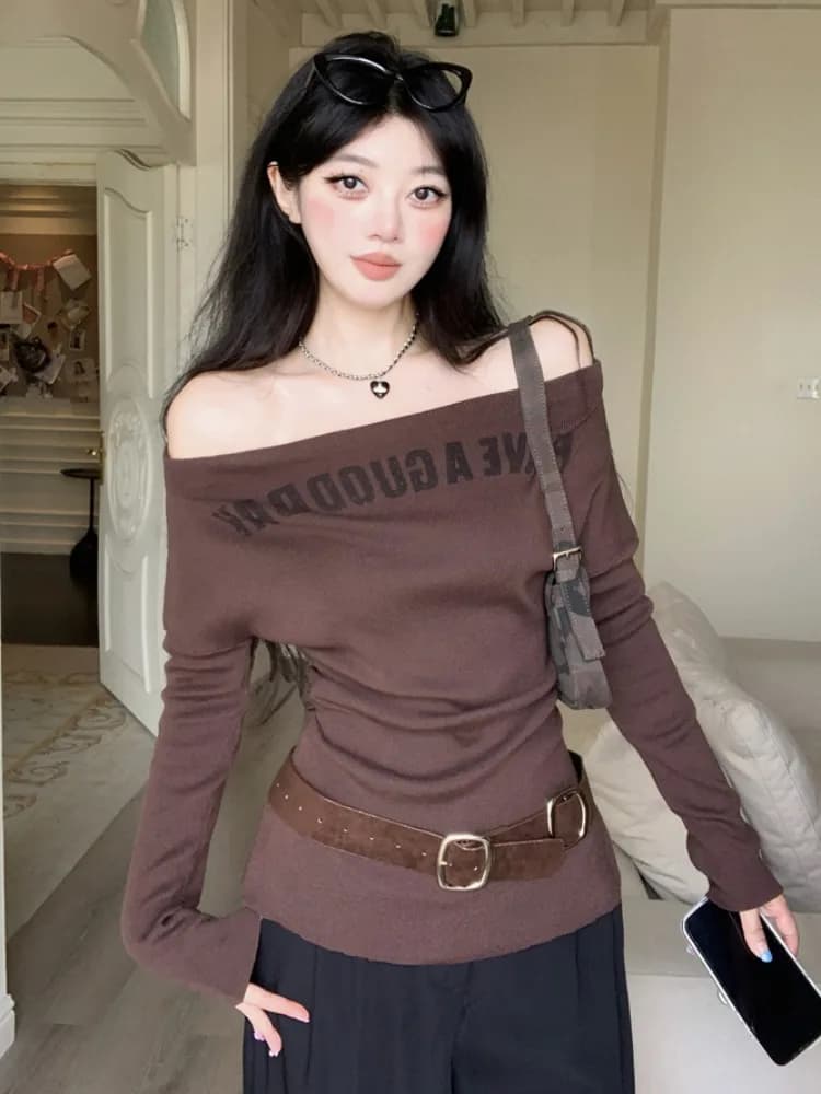 Maglione Lavorato a Maglia Stile Americano con Lettere, Maglia Base Monospalla da Donna Autunno Inverno con Cintura, Casual Traspirante a Maniche Lunghe