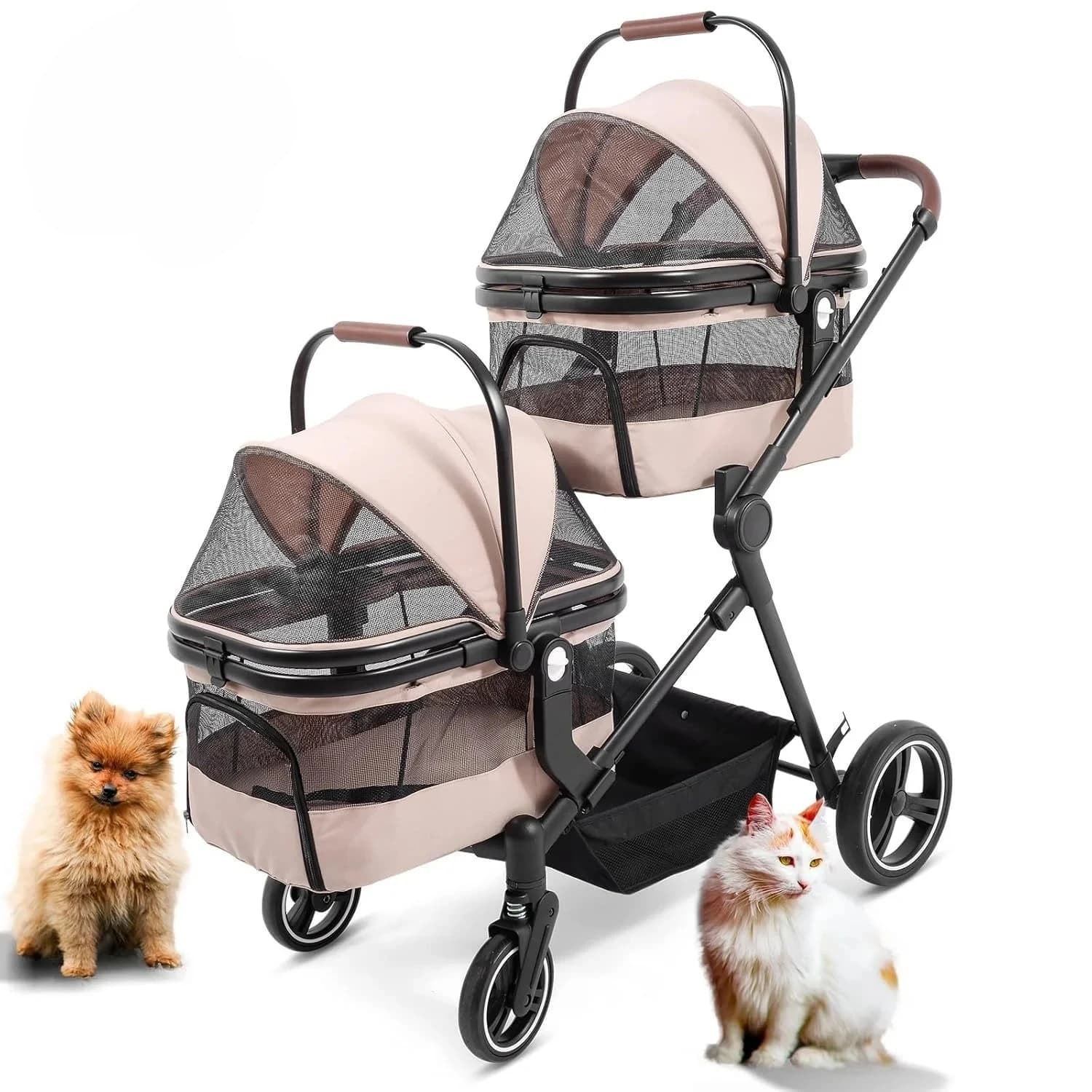 Double Layer Cherry Blossom Pink 4-Wheel Pet Stroller for Dogs & Cats with Removable Carrier Black