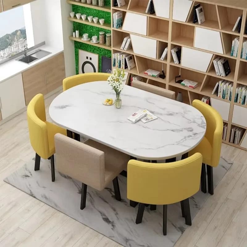 Tavolo da Pranzo Ovale Moderno Minimalista in MDF con Gambe in Metallo, 1 Tavolo e 6 Sedie, Arredamento Commerciale per Ufficio, Sala Pranzo, Casa, Libreria