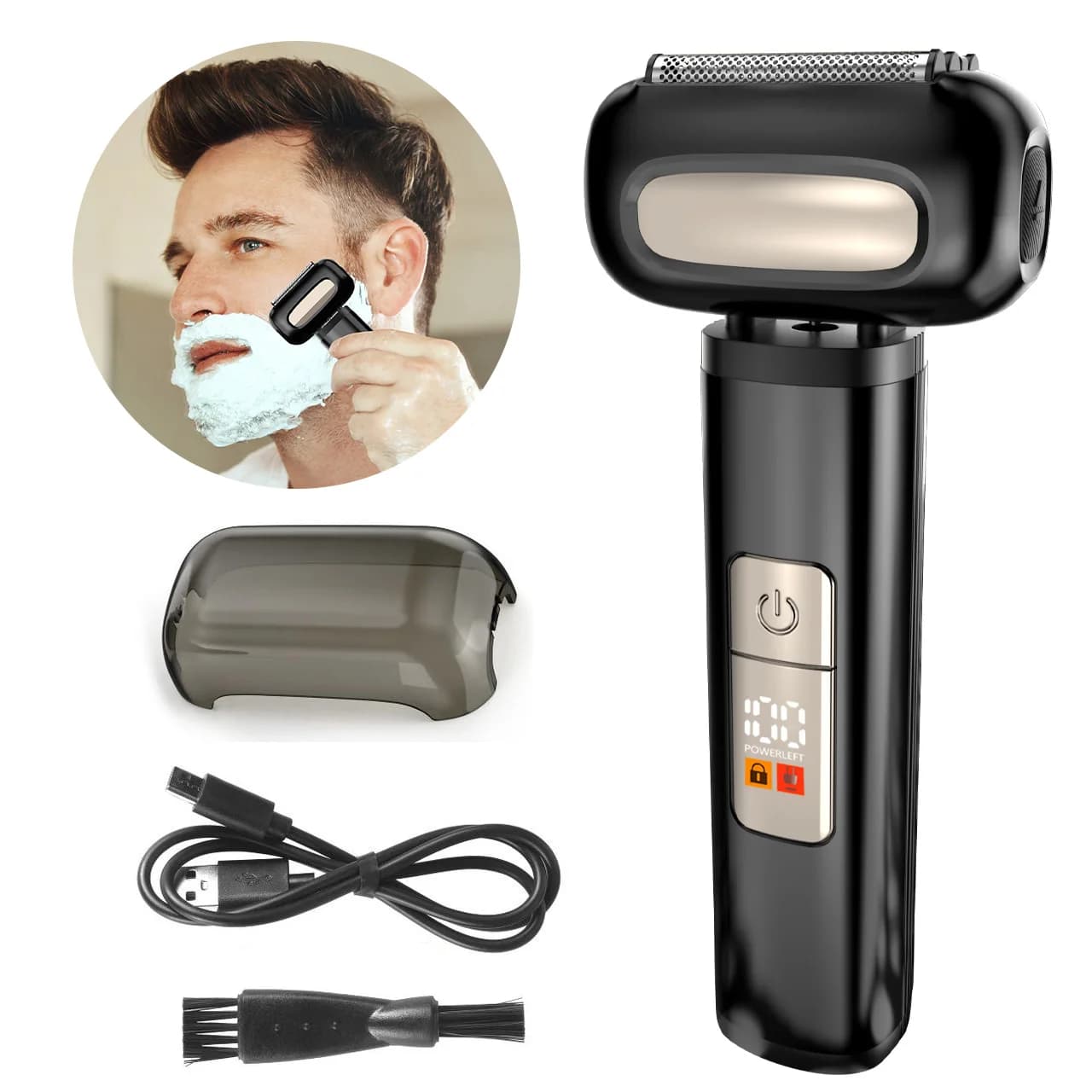 Rasoio Elettrico a 4 Lame Lavabile con Display Digitale, Rasoio a Movimento Alternato per Uso Domestico, Regolabarba per Uomo, Trimmer per Peli del Viso