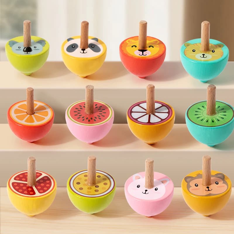 6 pezzi trottola in legno giocattoli cartone animato infanzia giroscopio in legno giocattoli agitati bambini Montessori giroscopio rotante colorato regali di compleanno