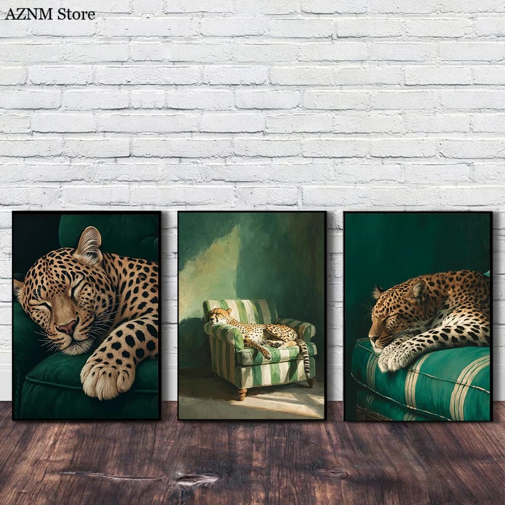 Trendy Cheetah Art Print Poster Emerald Green Leopard Lying Sofa Wall Art Canvas Painting Modern Fashion Animal Art Home Decor