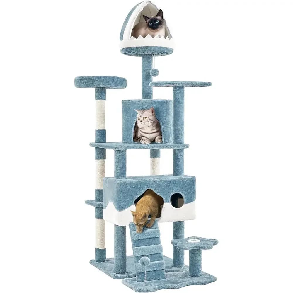 Ocean-Inspired Multi-Level Cat Tower with Bed, Perches, and Interactive Toys for Multi-Cat Homes