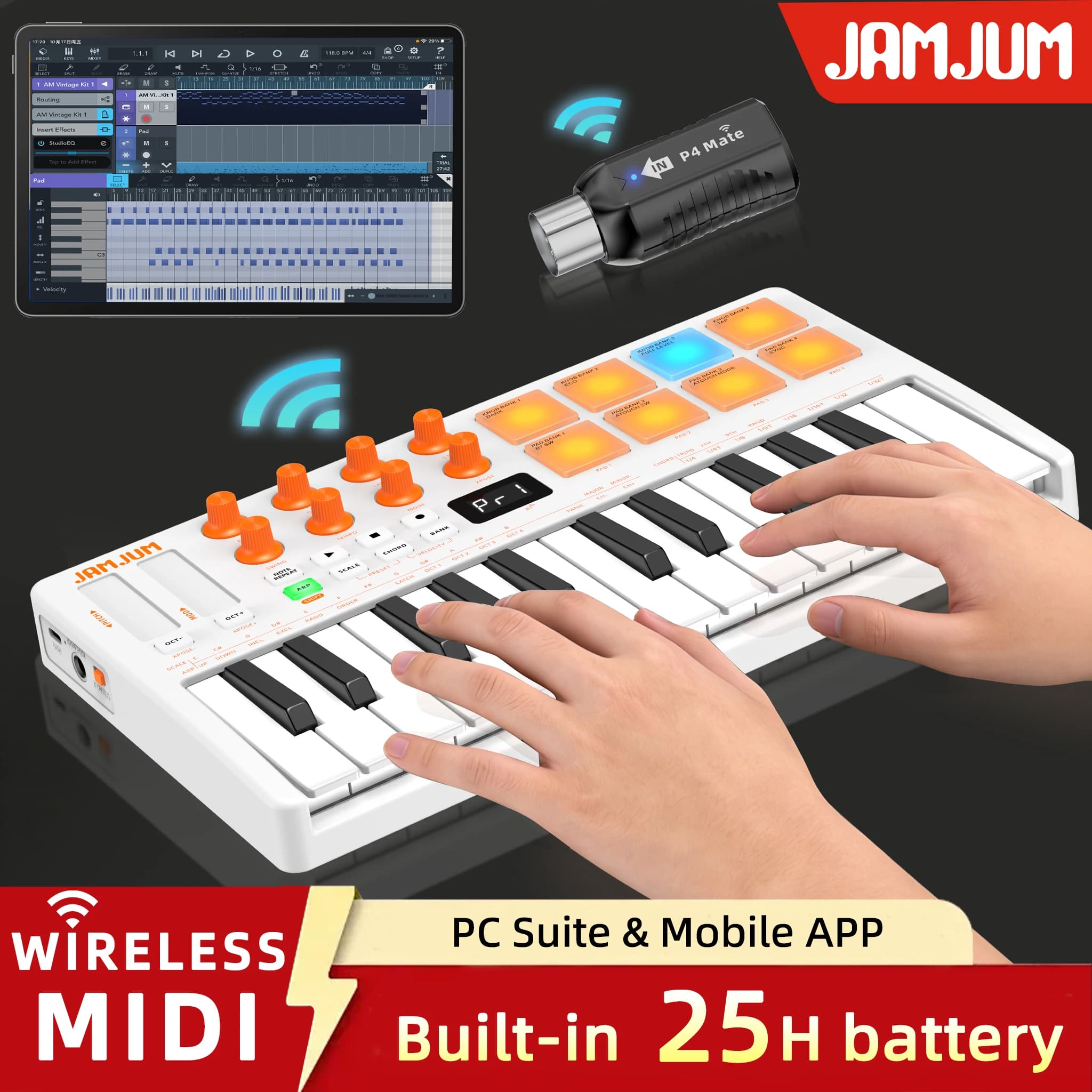 JANJUM MIDI Pad Controller Keyboard USB Mini 25 tasti, 16 drum pad RGB, 8 manopole e produzione musicale, software incluso