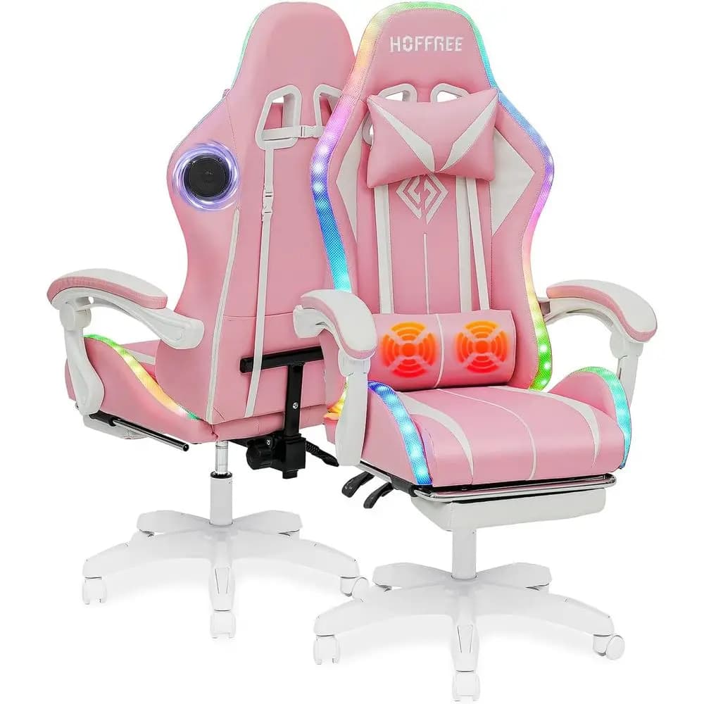 Sedia da Gaming Ergonomica Bluetooth con LED RGB, Massaggio e Supporto Lombare in Rosa e Bianco