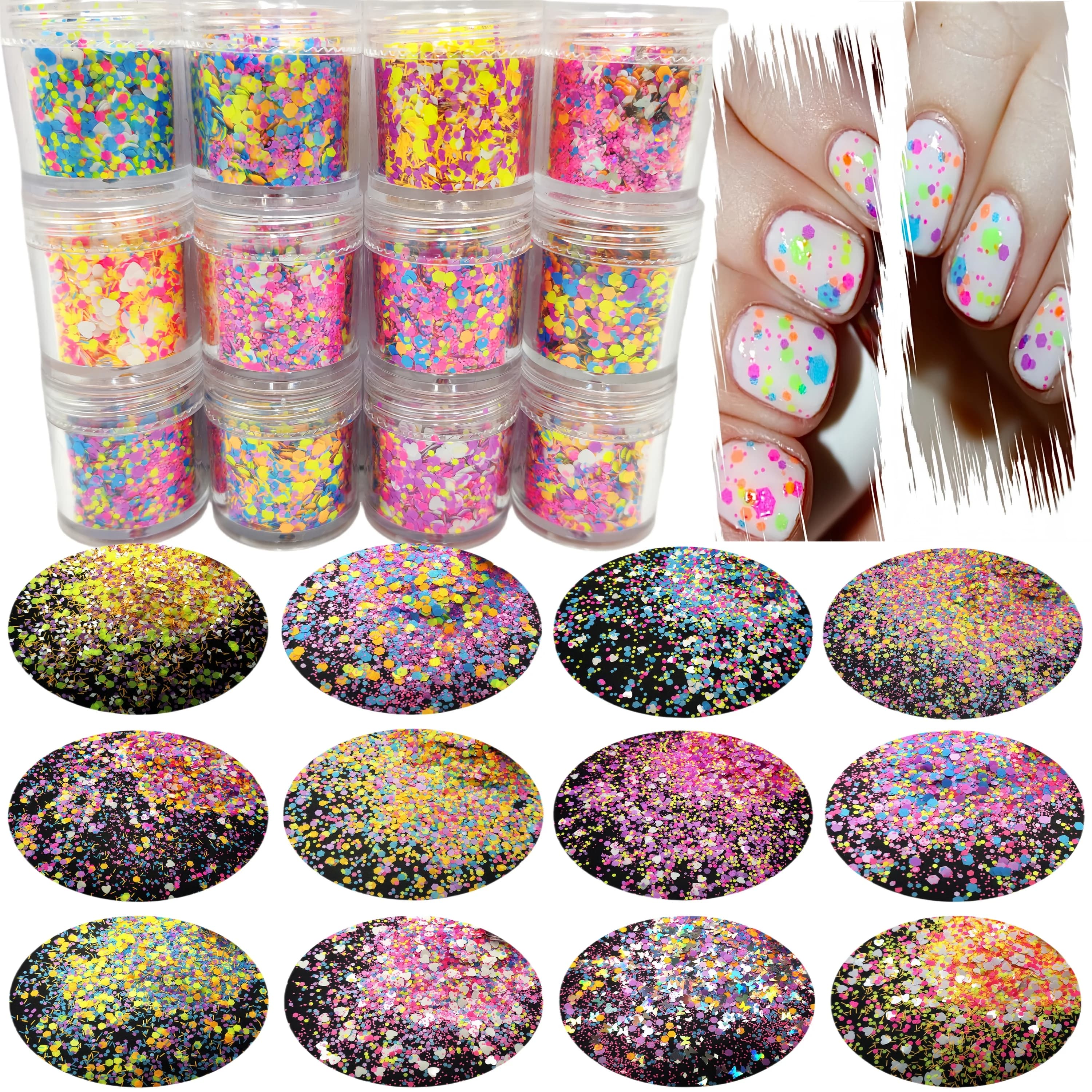 NEON Opaco 12 Colori Resistente ai Solventi Chunky Glitter Mix Esagono a Forma di Fiocco Paillettes per Smalto per Unghie Gel Fai da Te, Viso, Corpo, Melma