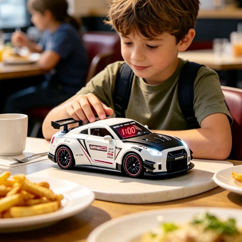1 SET Sveglia per ragazzi a forma di auto sportiva con display LED, porte apribili e luce sveglia, decorazione creativa per la stanza e regalo di compleanno