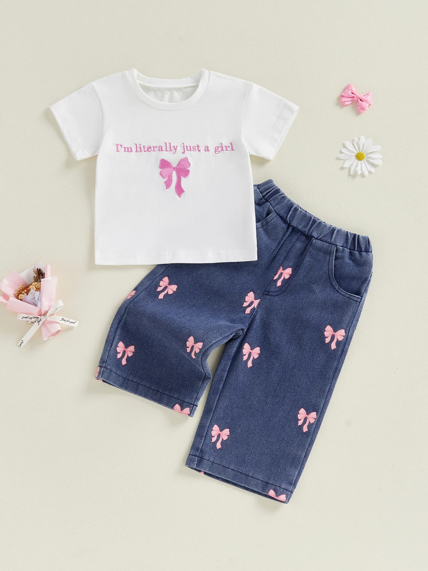 Set di vestiti per neonati da 2 pezzi, t-shirt stampata a maniche corte con scollo tondo e jeans in denim con elastico in vita