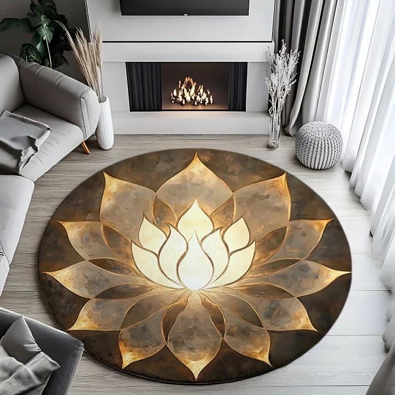 Round carpet printed in flannel with golden lotus design for yoga, meditation and home decorations, soft floor mat, spiritual artistic theme