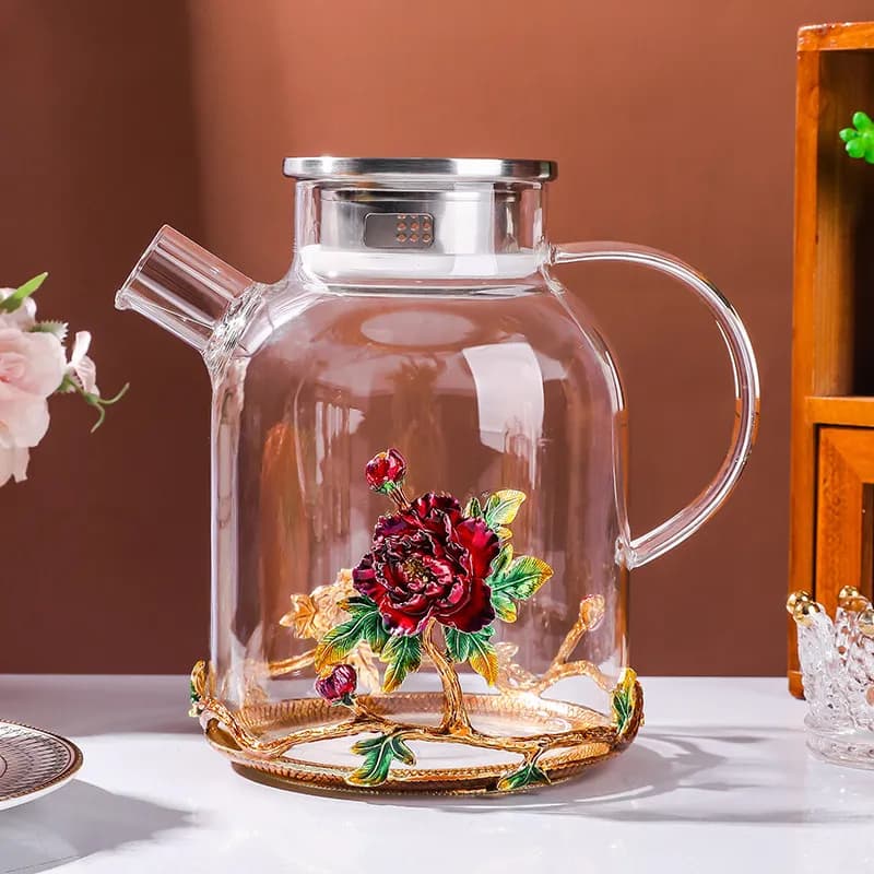 Chinese High-end Enamel Color Peony Tea Set Household Crystal Glass Water Cup High Temperature Teapot Teacup