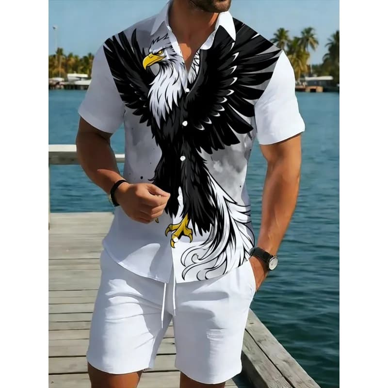 Men's White Eagle Printed Shirt Shorts Set 2 Piece Polyester Lightweight Casual Outfit for Beach Pool Outdoor Party Comfortable