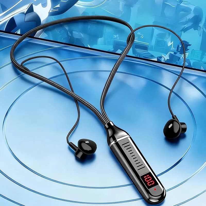 Auricolari Bluetooth Wireless con Fascia da Collo, Cuffie da Gaming con Display LED, Stereo, Sportive, Impermeabili, Magnetici