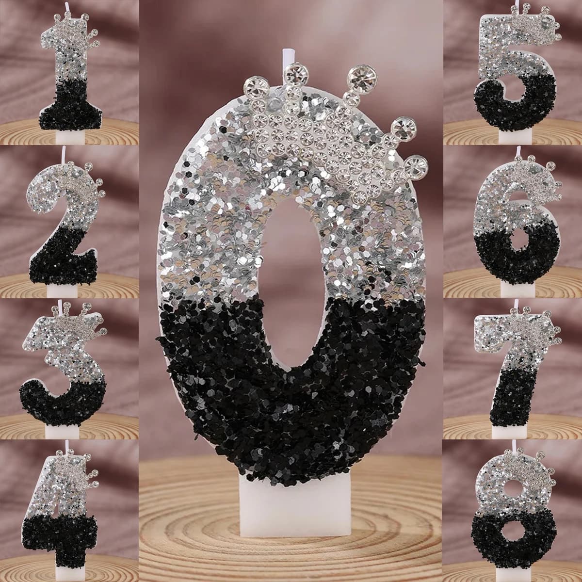Corona Sfumata Nero-Argento Fatta a Mano per Candela Digitale Fai-da-Te - Decorazione per Torte di Compleanno e Forniture per Feste