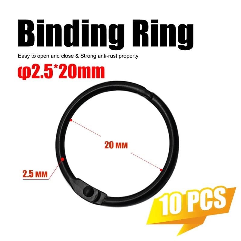 10 pezzi di O-ring neri con apertura da 20 mm per notebook, diari e forniture per rilegatura da ufficio