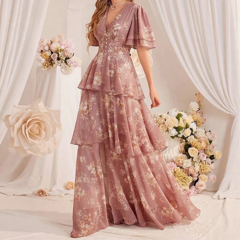 Elegant V-neck Bubble Sleeve Printed Chiffon Long Dress Women's Waist-cinched Layered Lace Trim A-line Dress Summer 2026