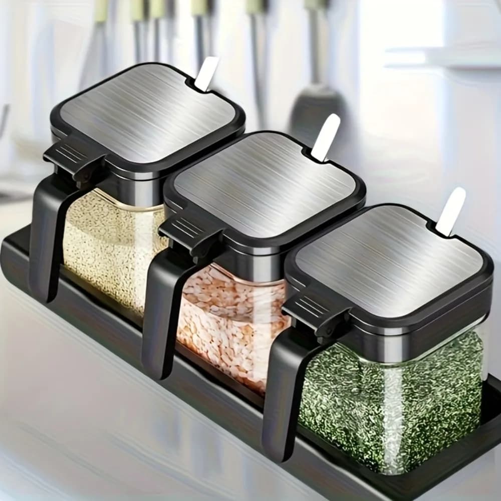 Set di 3 Barattoli in Vetro per Spezie con Cucchiaio, Contenitori da 10oz, Organizzatori per Spezie, Bottiglie per Scaffale Porta Spezie