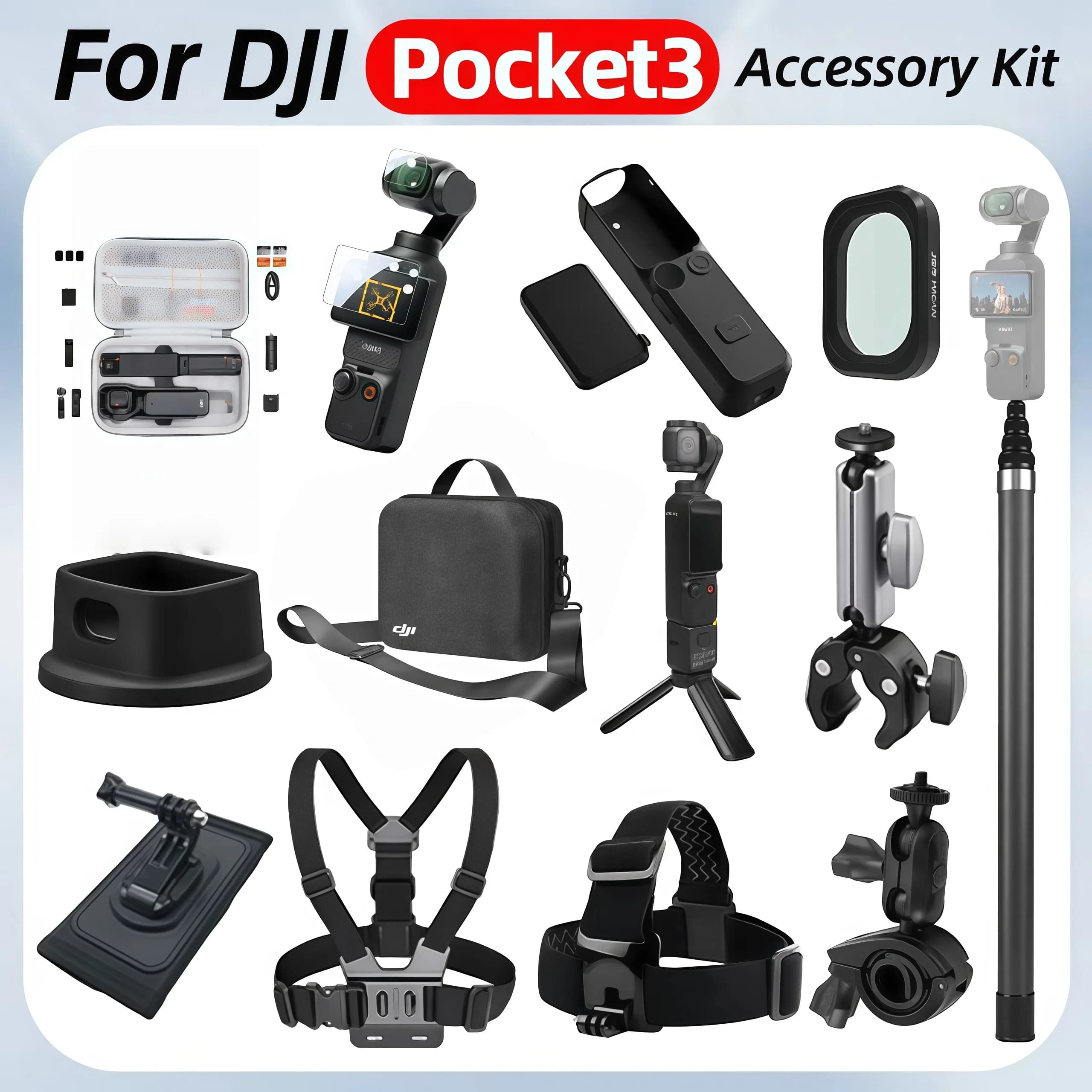 For DJI Osmo Pocket 3: Table Base, Selfie Auction, Tripod, Glass Screen Protection, Suction cup, Petto Strap, Backpack Clip