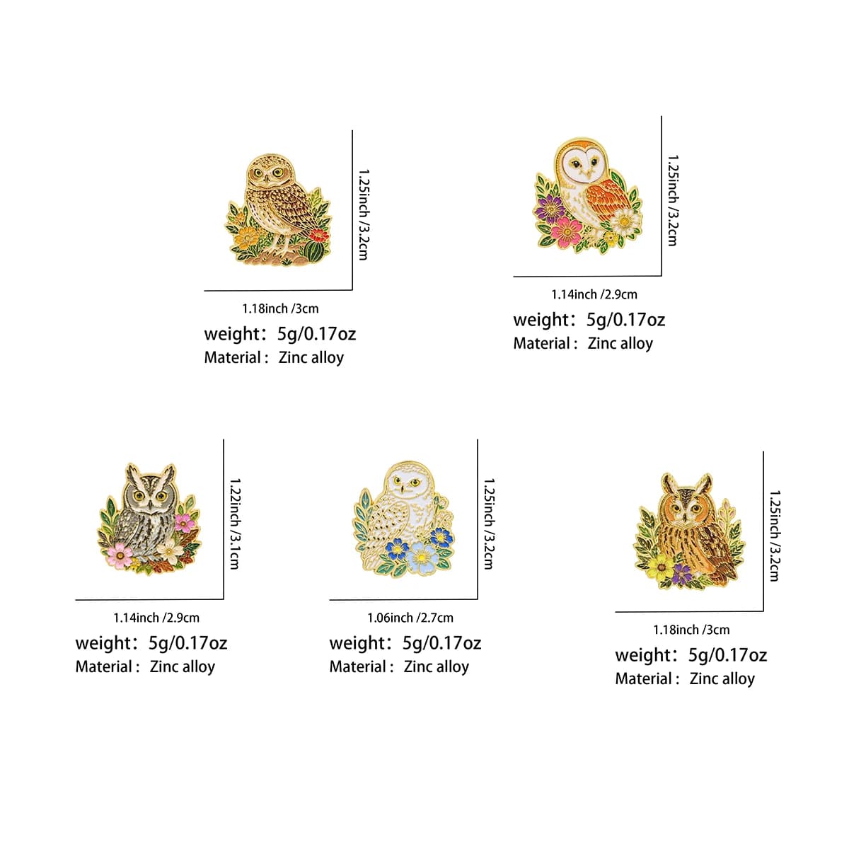 5pcs/set Floral Owl Enamel Pins Cute Wild Owl with Flower Lapel Badge Zinc Alloy Brooch for Backpack Clothing Hat Jewelry Gift