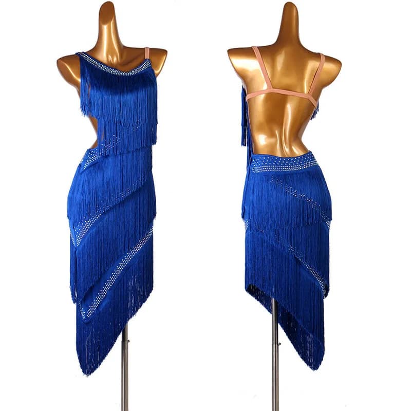Abito da ballo blu con frange per performance di danza latina, abiti da ballo per donne, abiti da palcoscenico per Cha Cha, Rumba, Samba, abbigliamento da ballo latino per adulti 5196