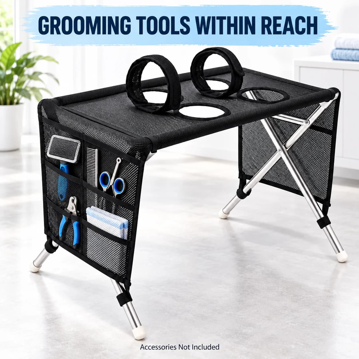 Portable Pet Grooming Table for Small Dogs Cats, Foldable Mesh Bathing Trimming Table with Tool Pockets, 15kg Capacity