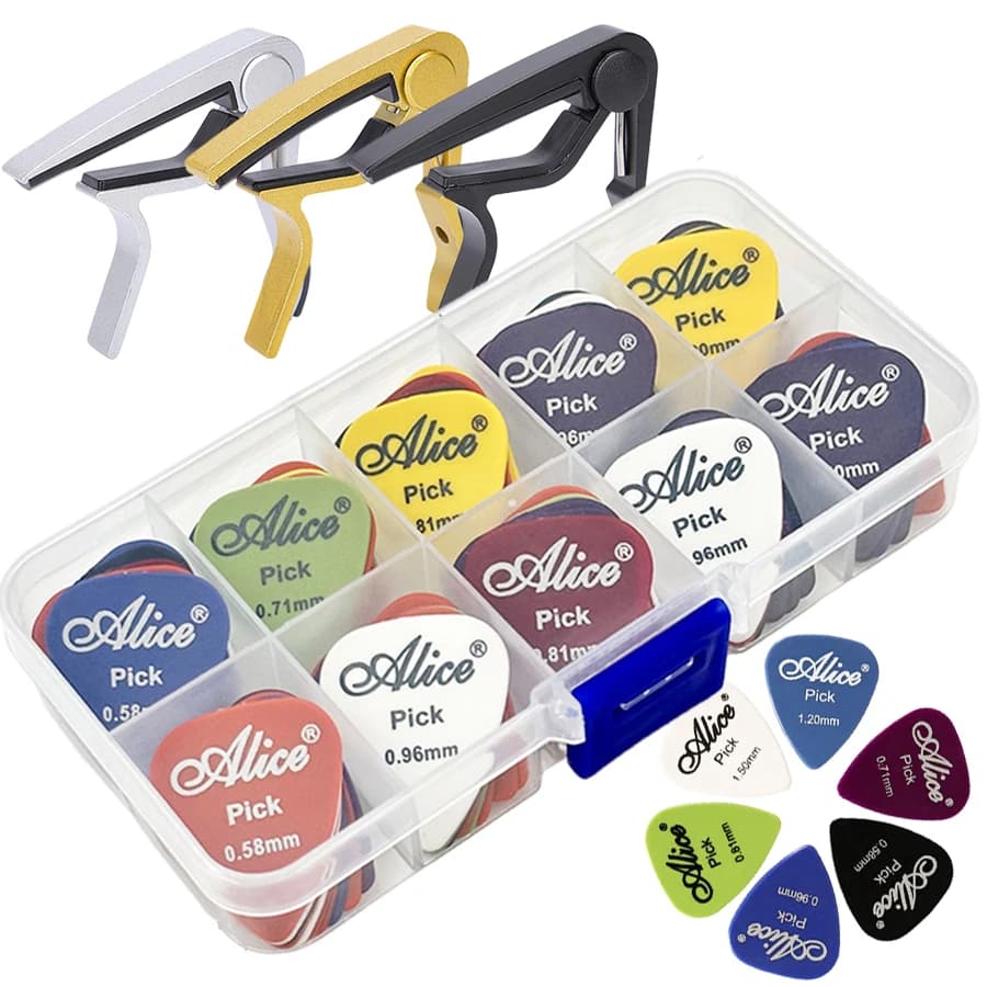 30pcs Boxed ABS Pick with Alloy Capo 0.58-1.5mm Mix Universal Musical Instrument Accessories Suitable for Guitar Bass Ukulele