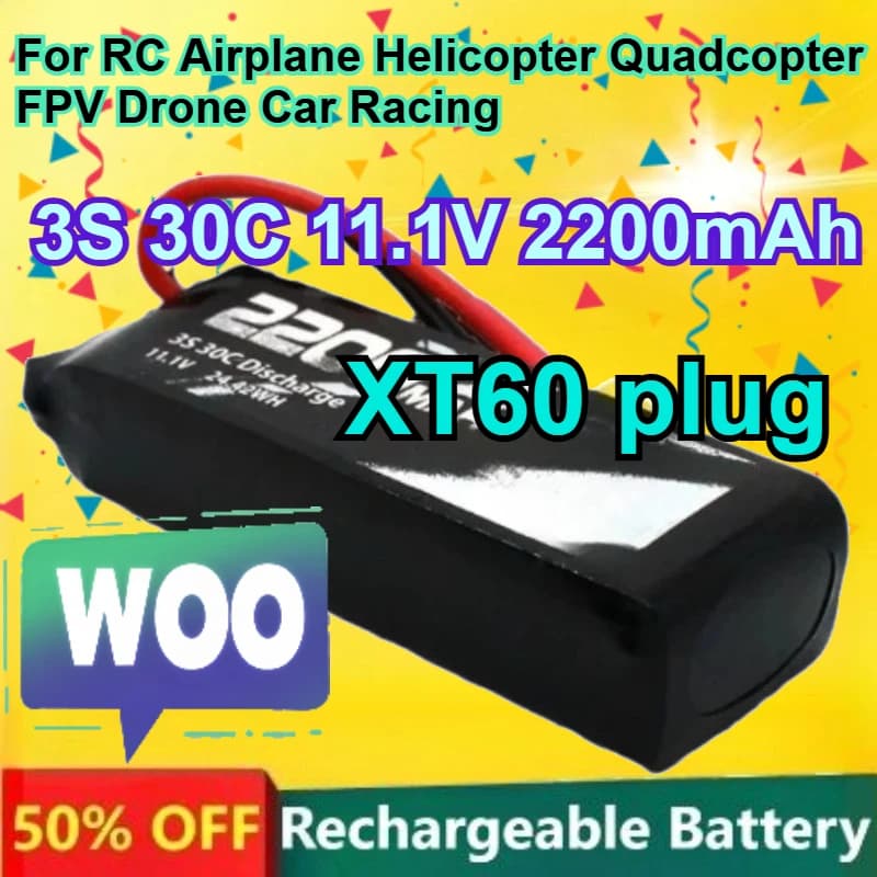 Batteria al Litio 11.1V 30C per Aeromodelli RC, Elicotteri, Quadricotteri, Droni FPV, Auto da Corsa, Batteria Ricaricabile 3S 2200mAh