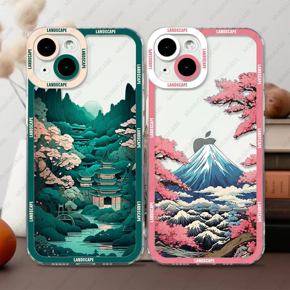 Case For iPhone 16 15 14 13 Pro Max 12 Mini 11 XS X XR SE 7 8 Plus Soft Cover Japanese Landscape