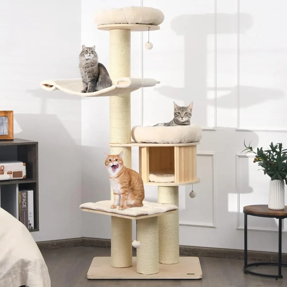Albero per Gatti Alto 174 cm, Torre Moderna Multi-Livello con Tiragraffi in Sisal, Piattaforma Superiore, Cuccia, Amaca, Personalizzabile