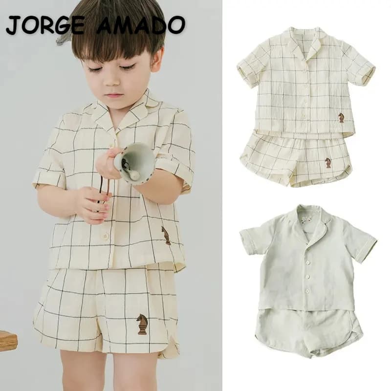 Nuova estate neonata ragazzo set plaid beige verde menta ricamo colletto su misura camicia + pantaloncini casual set abbigliamento per bambini E3305
