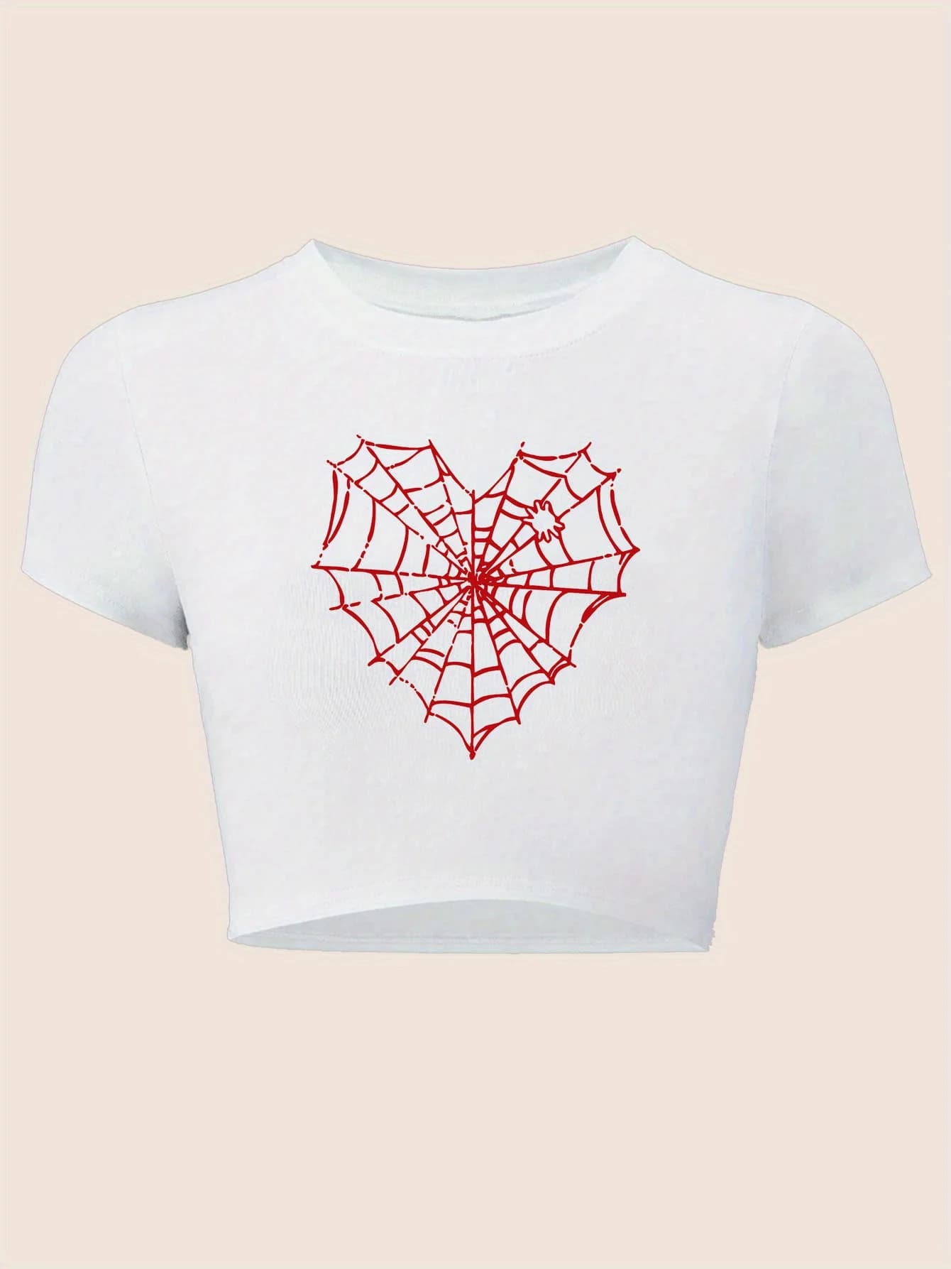 Spiderweb Print Short-sleeve Round-neck Top, Casual Slim-fit Crop T-shirt