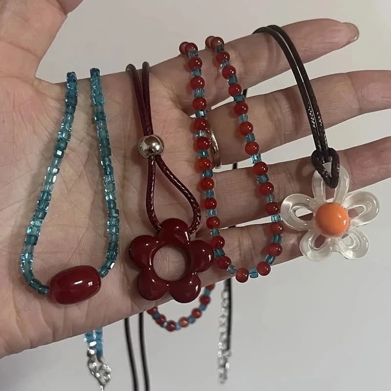 4pcs Flower Bead Necklace Set Red and Blue Seed Bead Chain Acrylic Flower Pendant Brown Wax Rope Stacked Y2K Women's Jewelry