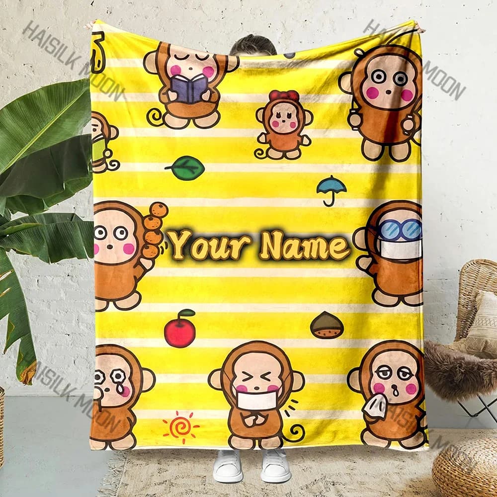 Nome personalizzato Coperta personalizzata Modello divertente scimmie e frutta Caldo morbido per Safa Casa Viaggi Campeggio Picnic Spiaggia