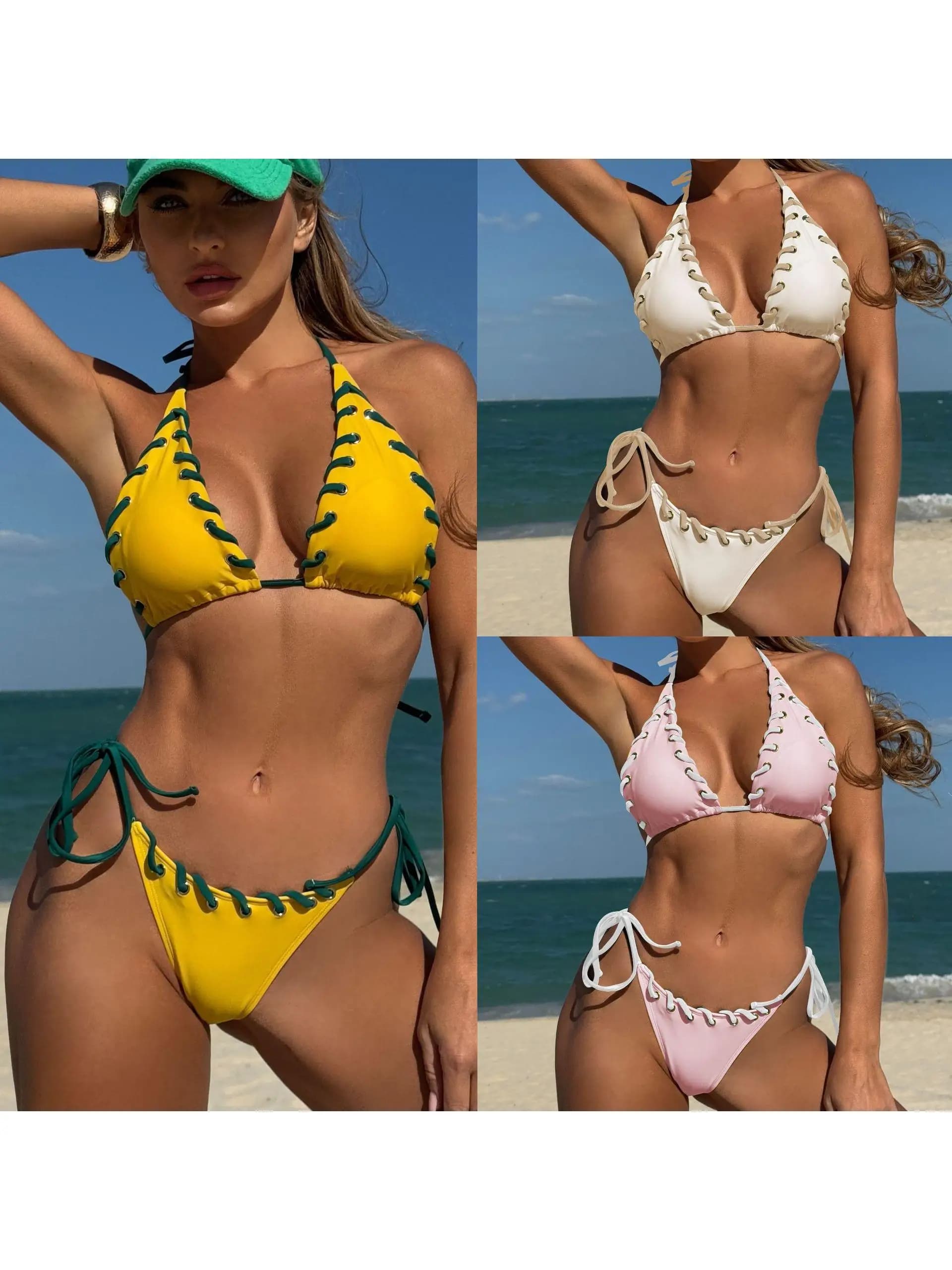 Colorblock Twopiece Bikini Swimsuit Tie Rope Split Design Eye-catching Contrast Shape with Chest Pad No Steel Support