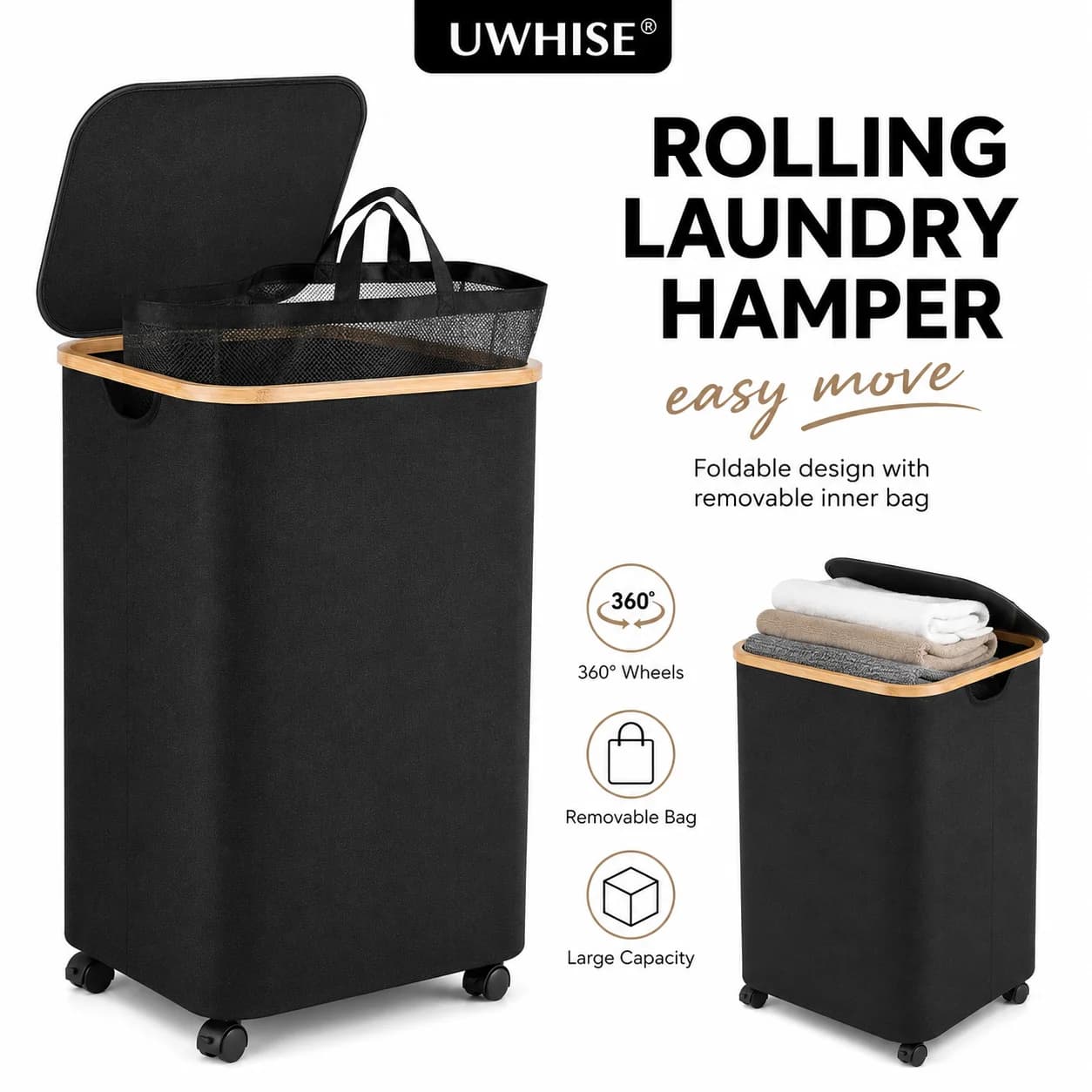 Uwhise Rolling Laundry Basket With Wheels And Lid Removable Inner Bag Tall Hamper For Dirty Clothes Bedroom Storage