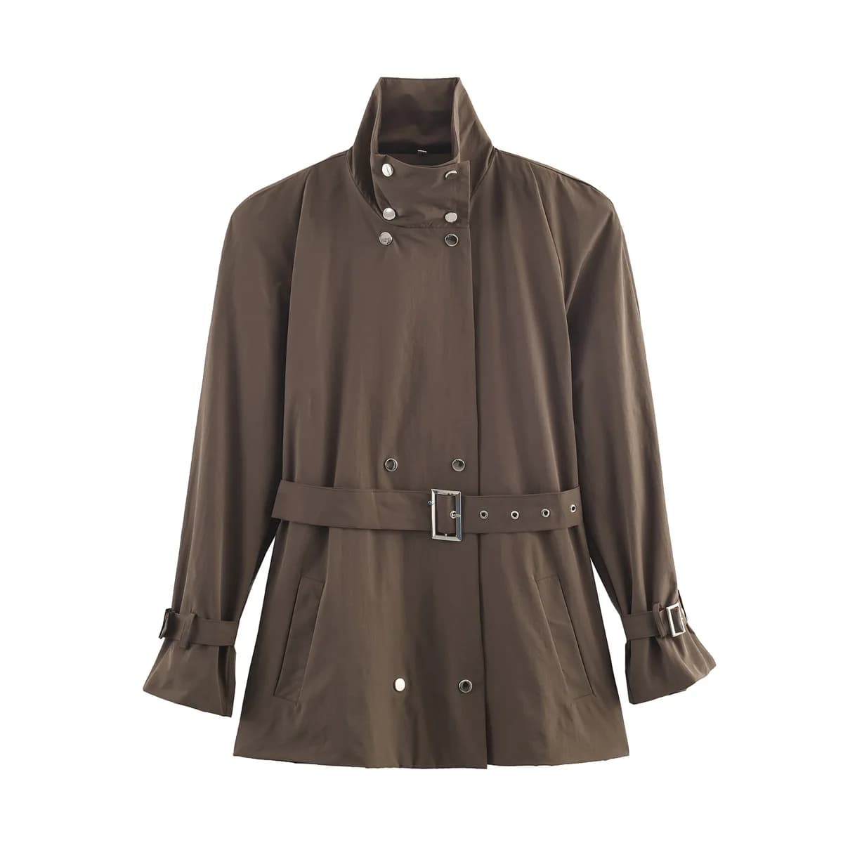 Cappotto Trench da Donna Marrone con Cintura Decorata, Collo Alto, Chiusura a Doppio Petto, Polsini con Cinghie, Giacca alla Moda VNZE