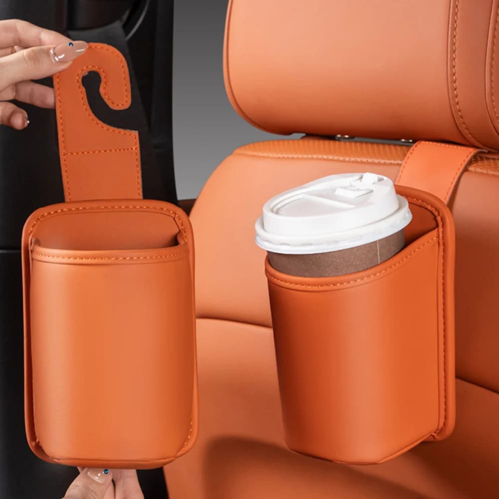 Car Seat Back Cup Holder Car Storage Bags, In-Car Travel Accessory Storage Bags with Han Mini Waterproof Pu Leather Trash Bin
