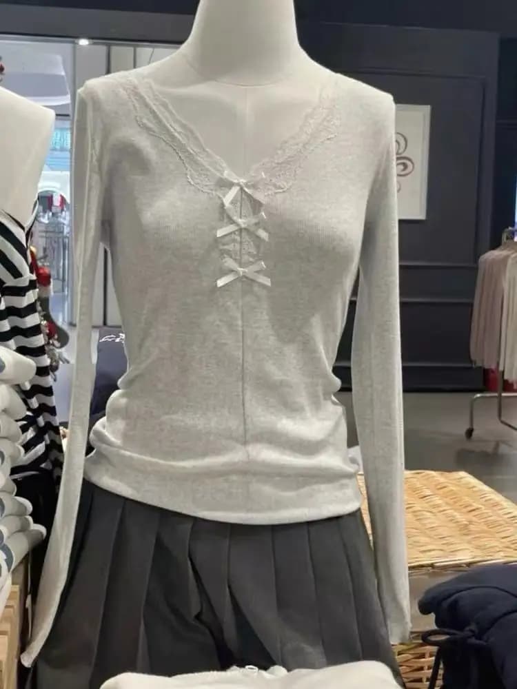 Lace Trim T-shirts Women Spring Cotton Casual Simple Basic Lace Trim Long Sleeve Tees Sweet Cute Preppy Style Tshirt Y2K