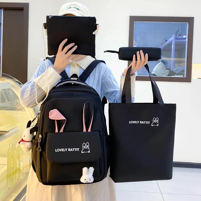 Kawaii Rabbit Ear Student Backpack Set 4Pcs Multi Pocket Large Capacity Girls School Bookbag with Tote Bag Crossbody Bag