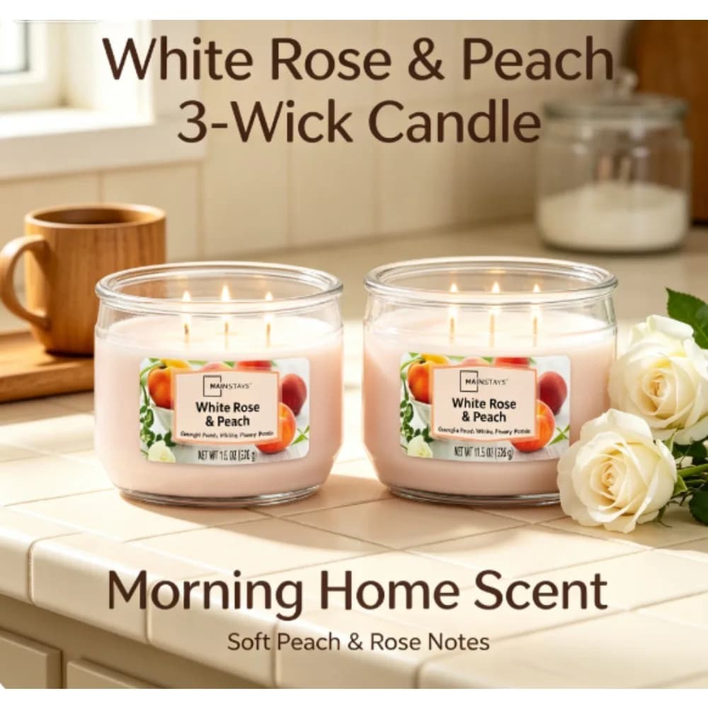 (2-pack) Mainstays White Rose and Peach Triple-Wick Candle, 11.5 oz
