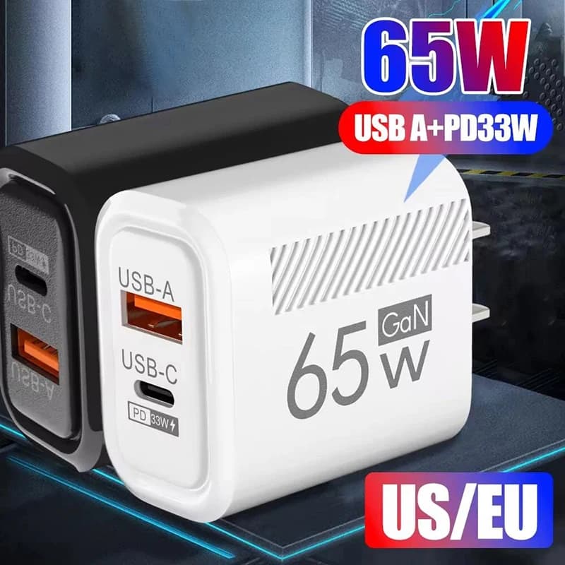 65W GaN Fast Charging USB+Type C PD 33W Charger Adapter For iPhone Samsung Xiaomi Redmi Quick Charge Wall Plugs QC3.0 EU US Plug