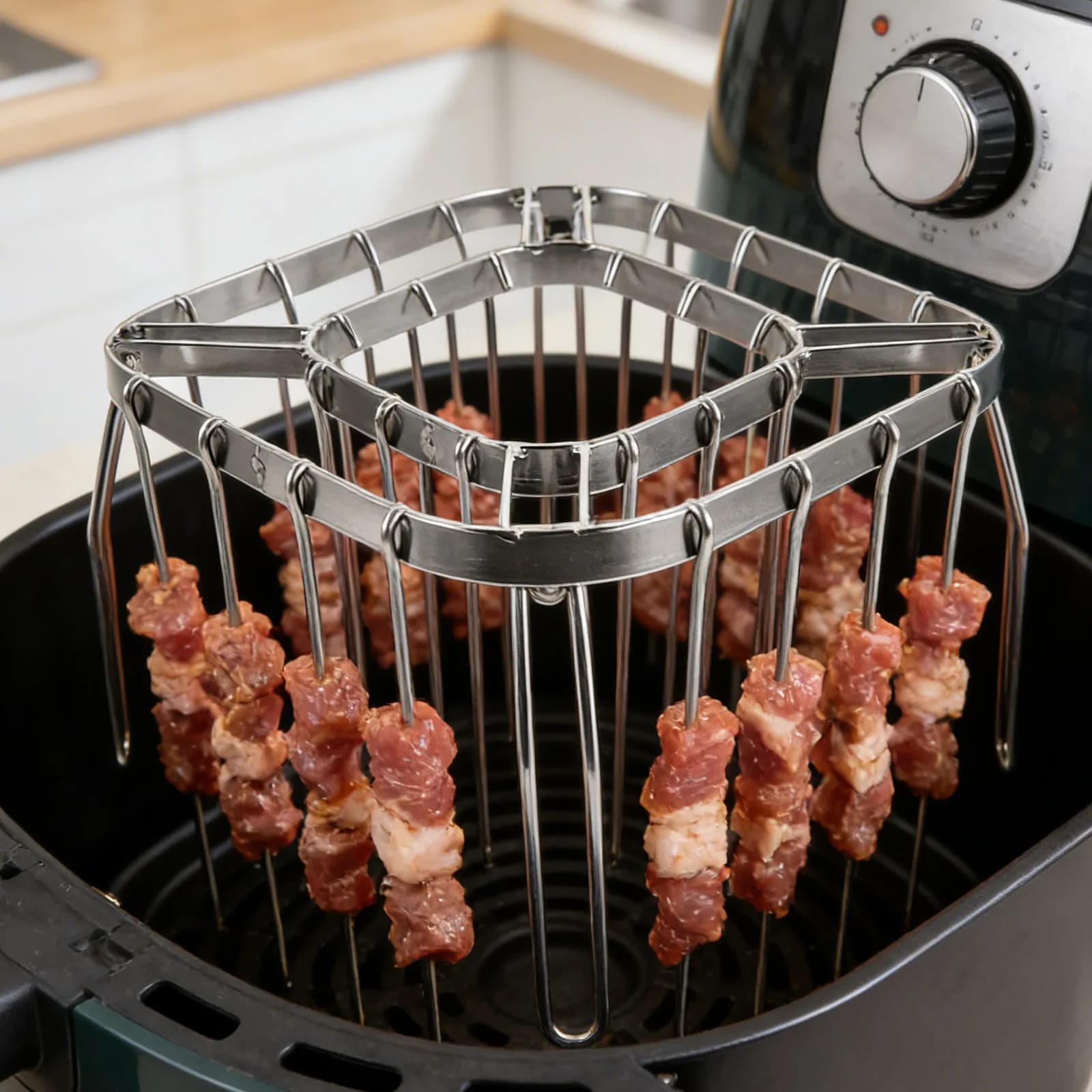 1Set Air Fryer Skewer Rack Stainless Steel Foldable Roasting Grill Stand for Kabobs 28 Metal Skewers Barbecue Accessories