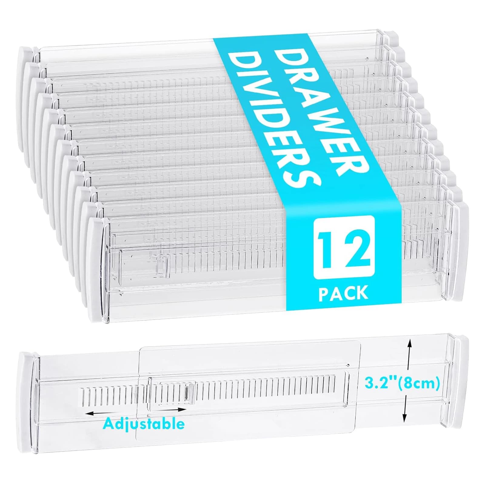 6/8/10/12-Pack Adjustable Drawer Organizers, Clear Expandable Dresser Organizers for Storing Clothes Kitchen Utensils