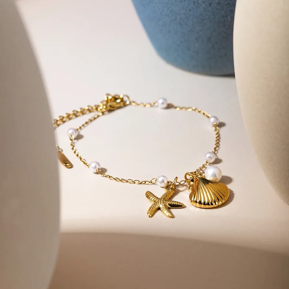 Bohemia Temperament Gold Color Starfish Shell Pendant Pearl Imitation Stainless Steel Bracelets for Women Summer Beach Jewelry