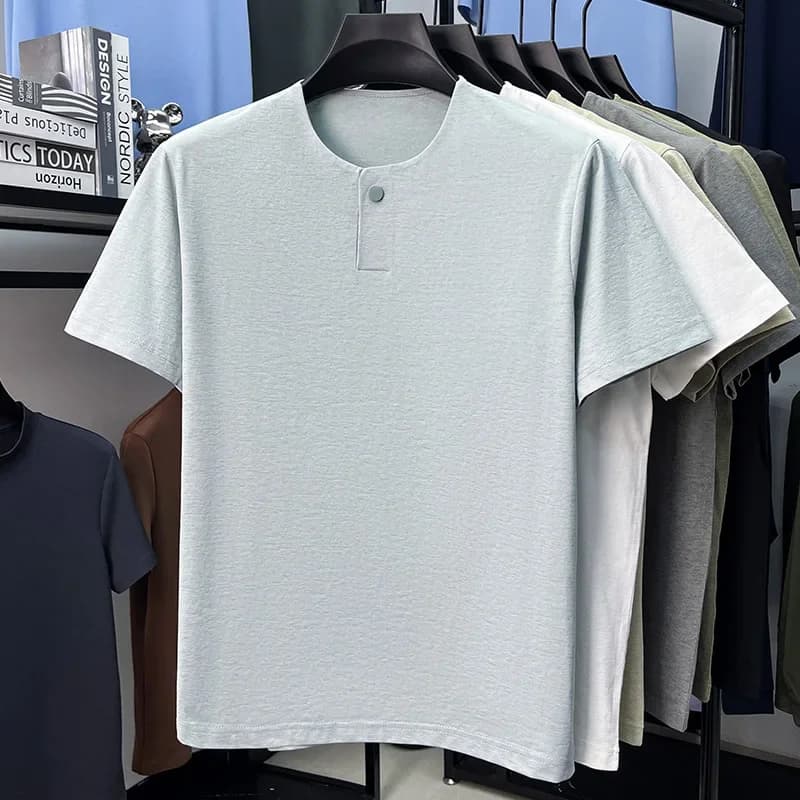 T-shirt da uomo a maniche corte stile Henley con bottoni, comoda e traspirante, per streetwear.