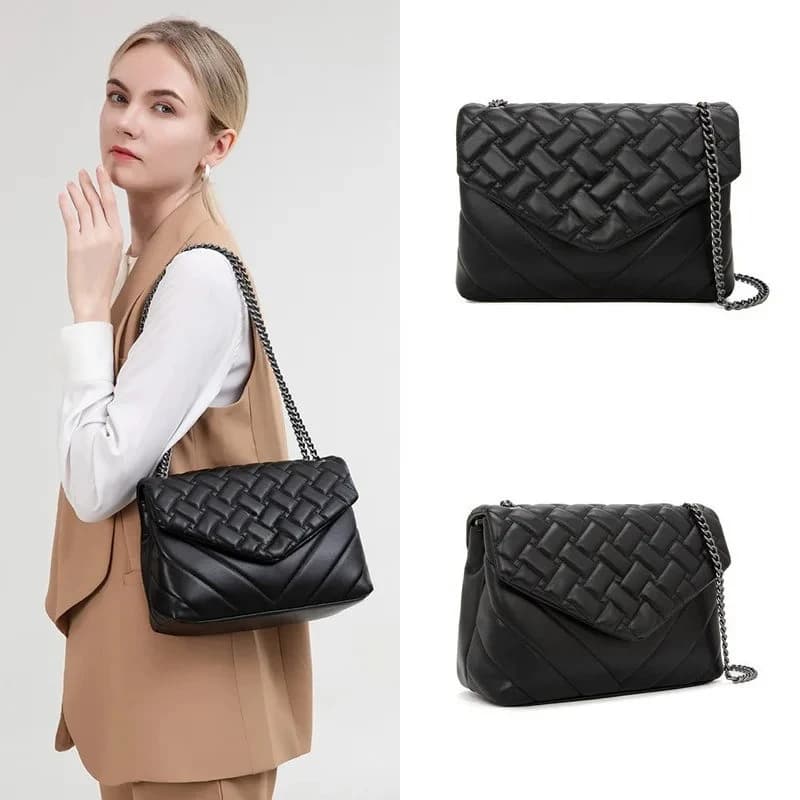 Borsa a tracolla da donna in pelle con motivo trapuntato nero con tracolla a catena e borsa a tracolla alla moda con chiusura in metallo per donna